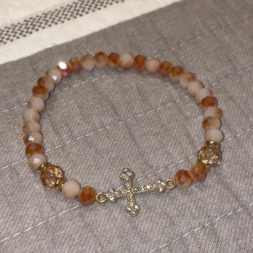 Colorful Brown earth toned Cross Charm Beaded Bracelet - Picture 2 of 3